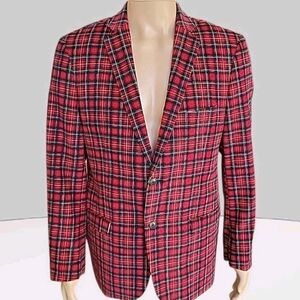 Madison Blazer M 40/42 Red Green Tartan Plaid Corduroy Modern Fit Sport Jacket